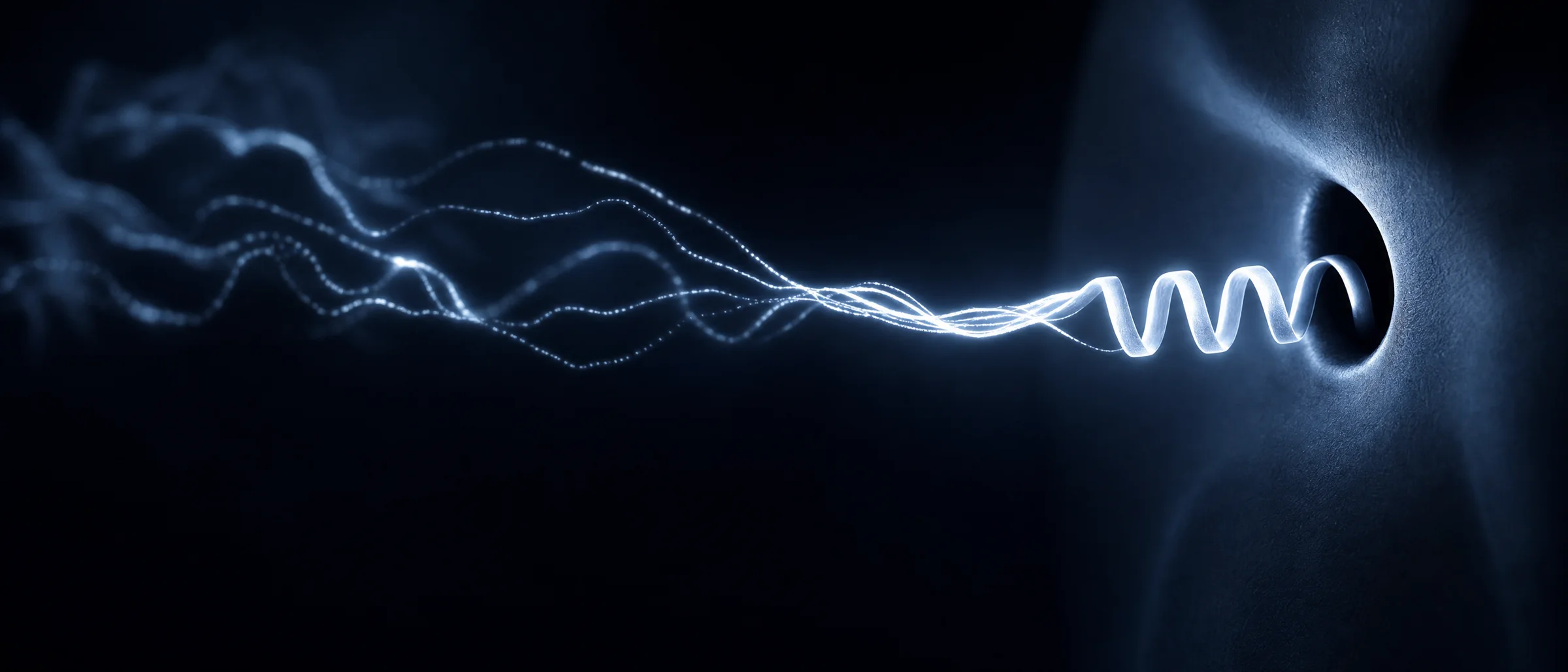 A ribbon of light that is loose and wandering at one end and tightens into a short, regular helical coil at the other, where it meets a dark opening in a smooth surface — a conceptual illustration of a peptide pre-organised into a helix before binding, not a molecular structure.