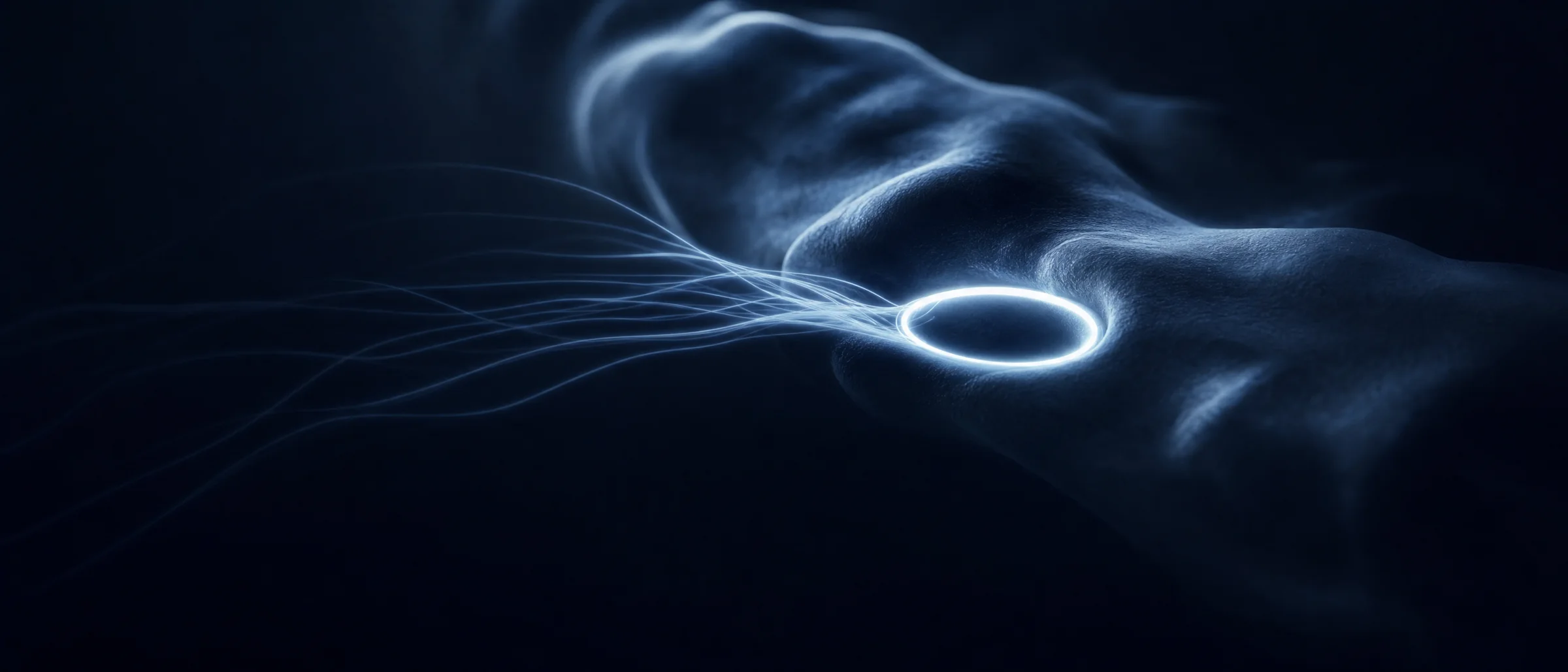 A ring of light rests in a shadowed groove on a large dark sculptural surface, with fine luminous filaments trailing away into darkness — a conceptual illustration of a cyclic peptide bound in a pocket on a protein, not a scientific image.
