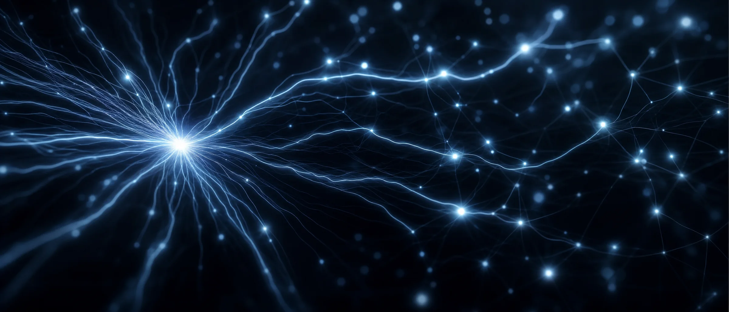 A compact brilliant point of light at the left sends many fine filaments outward across a dark field to a scattered constellation of smaller glowing nodes, some linked to one another — a conceptual illustration of one practice connected to many collaborators, not a data visualisation.