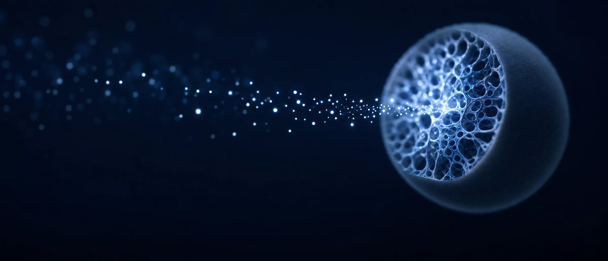 A sphere cut open to show an intricate network of internal pores lit from within, with a slow trail of small points of light drifting away from it into darkness — a conceptual illustration of a polymer depot releasing a drug gradually, not a micrograph.