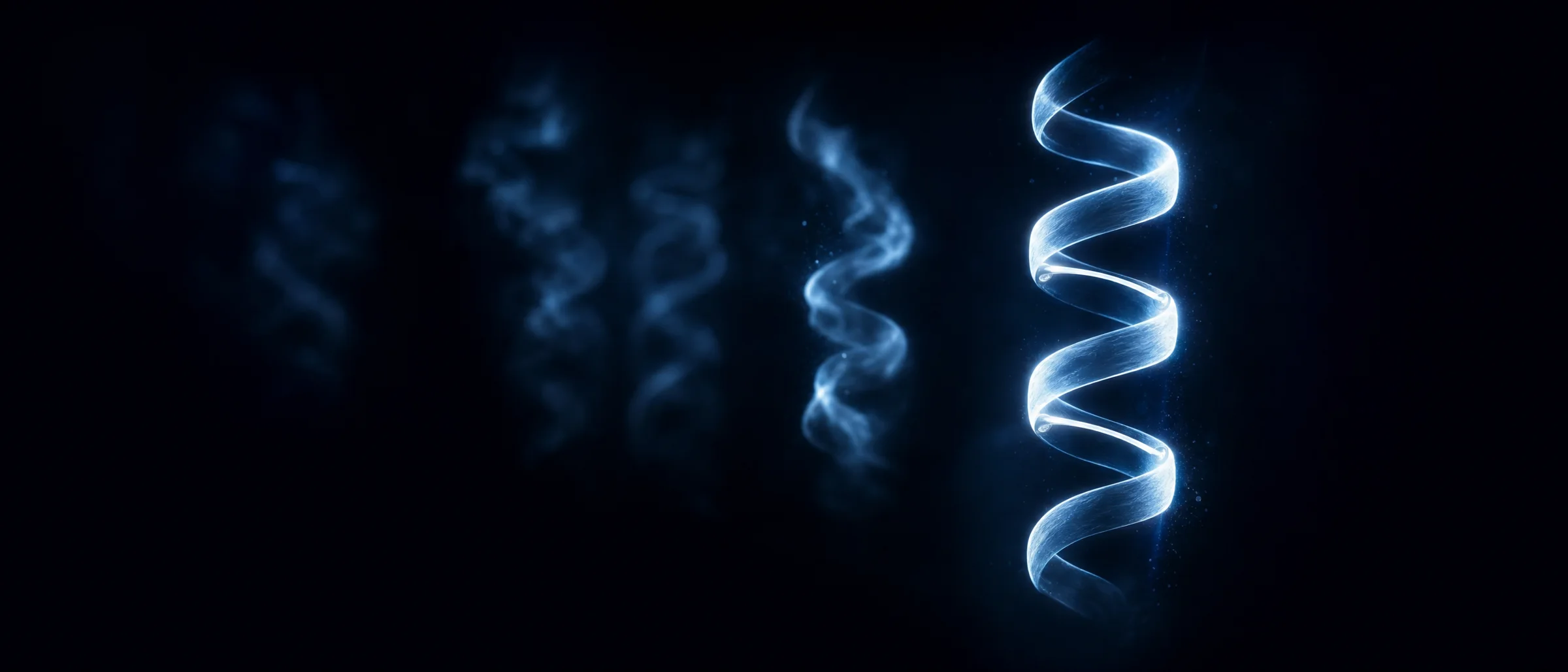 One crisp, brightly lit helix held firm by slender braces stands at the right, while several unbraced helices to the left slacken and dissolve into haze — a conceptual illustration of a chemical staple holding a peptide in its helical shape, not a molecular structure.