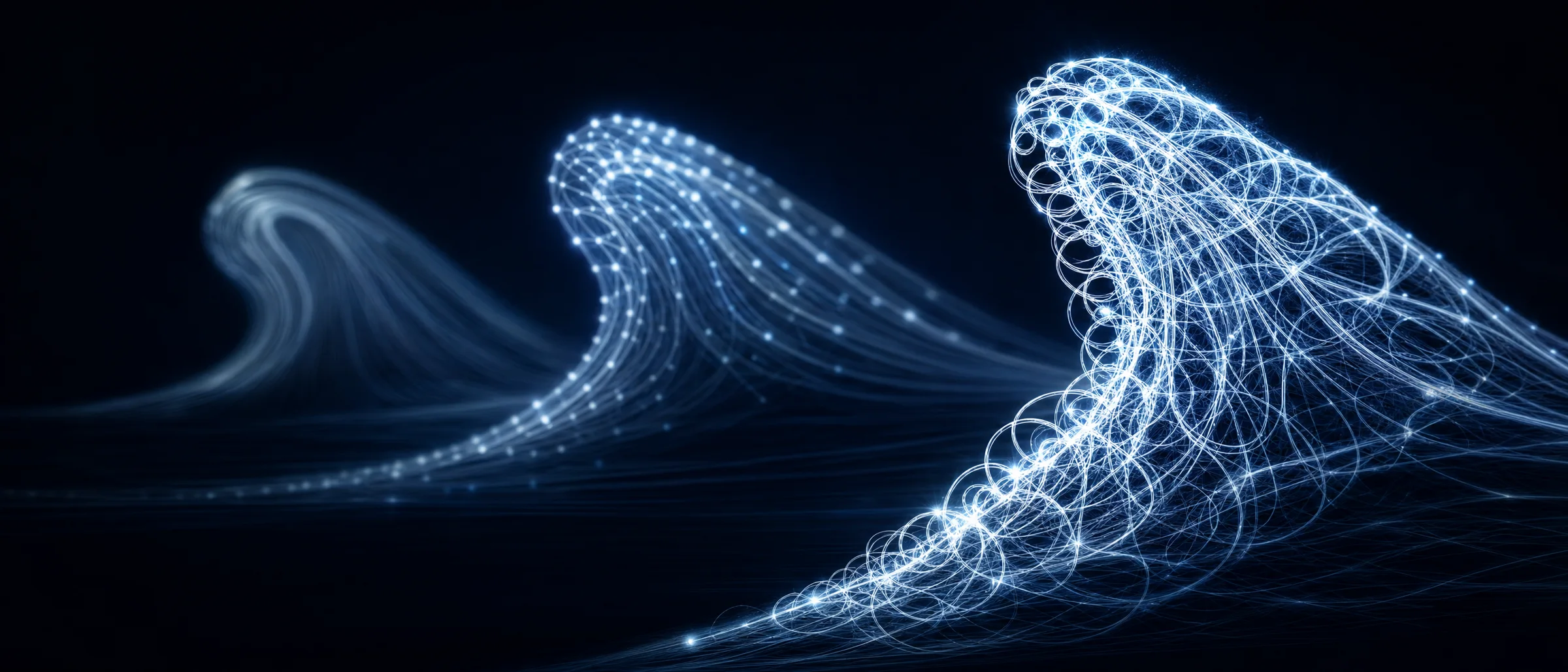 Three luminous wavefronts drawn in fine lines advance across a dark field, the furthest simple and faint, the nearest densely woven from many interlocking rings — a conceptual illustration of three successive eras of a discipline growing in complexity, not a scientific figure.